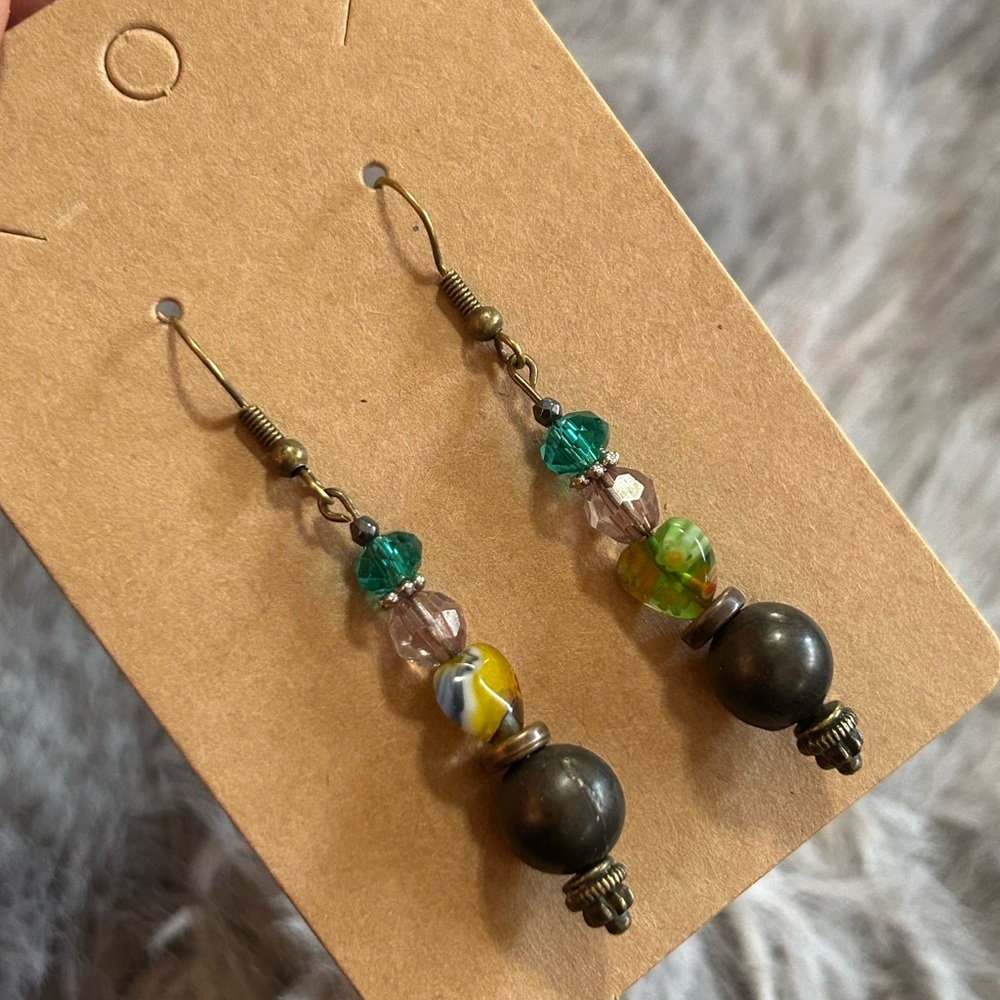 Handcrafted art glass vintage bead faceted hematite dangle earrings